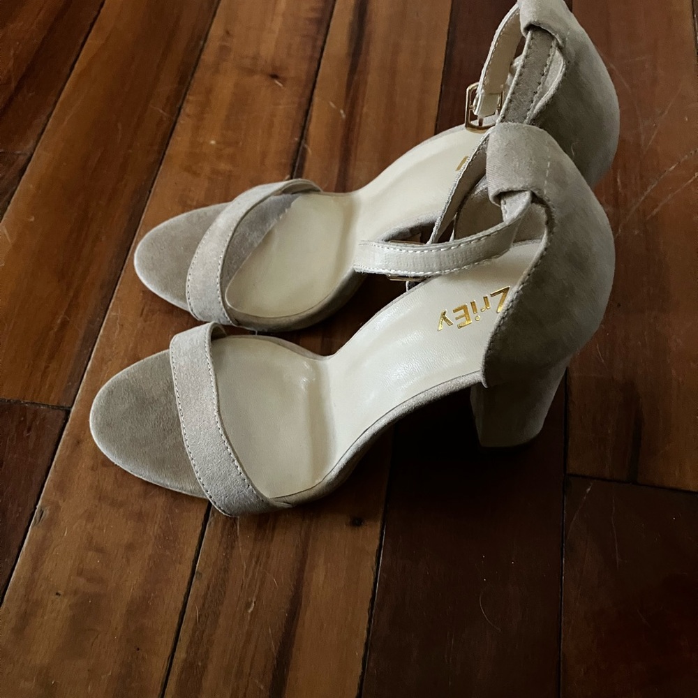 Neutral Suede Block Heel Sandals with Ankle Strap